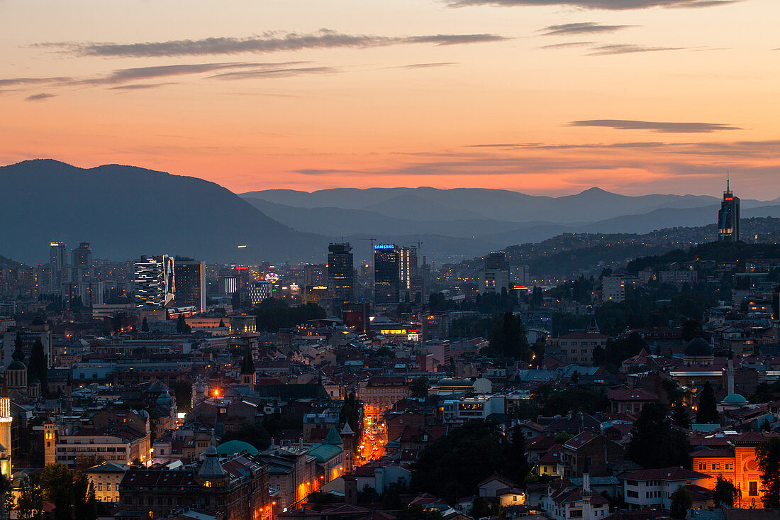 View of Sarajevo cityscape against mountain range