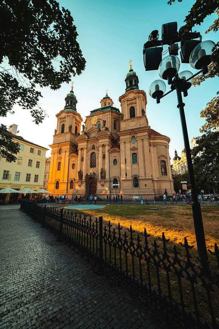 Low angle view of St. Nicholas Church in Prague city