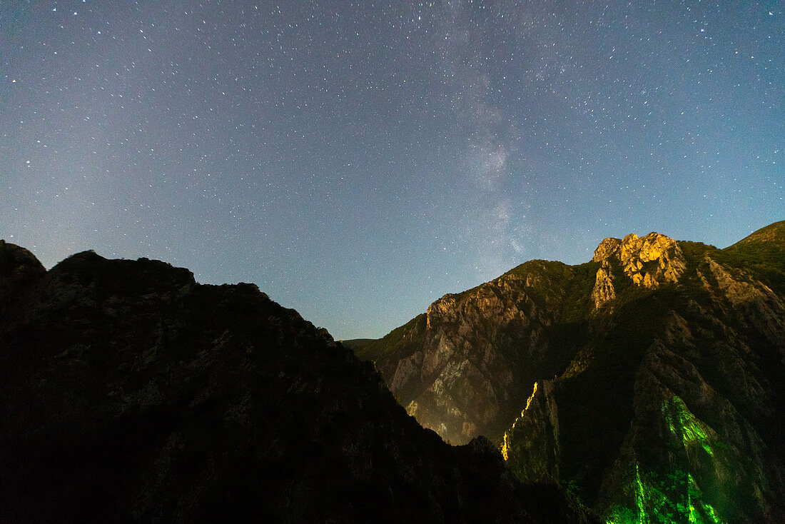 Scenic view of starry sky over mountain at night,Canyon Matka,Skopje,North Macedonia