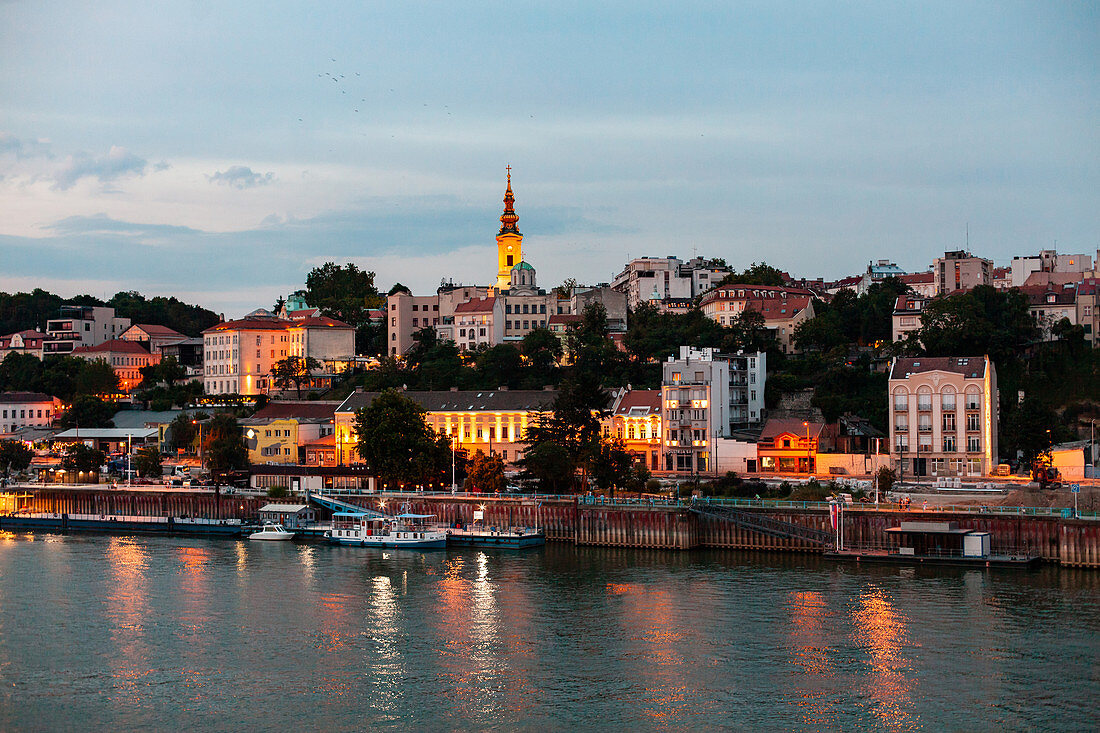 View of Belgrade city by Danube river at dawn