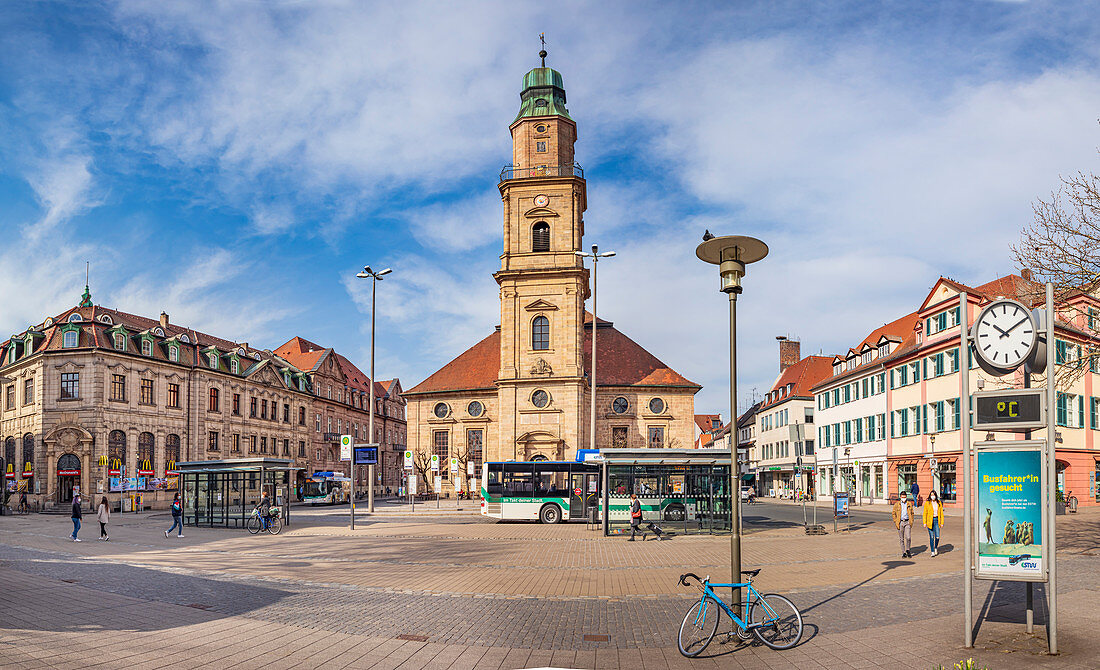 Huguenot Church and Huguenot Square in Erlangen, Middle Franconia, Bavaria, Germany