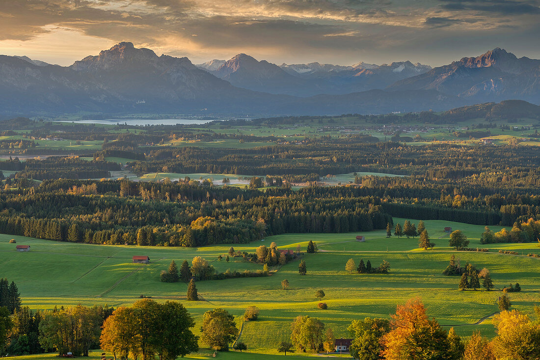 Blick vom Auerberg über das herbstliche Voralpenland auf die Allgäuer Alpen, Bayern, Deutschland, Europa