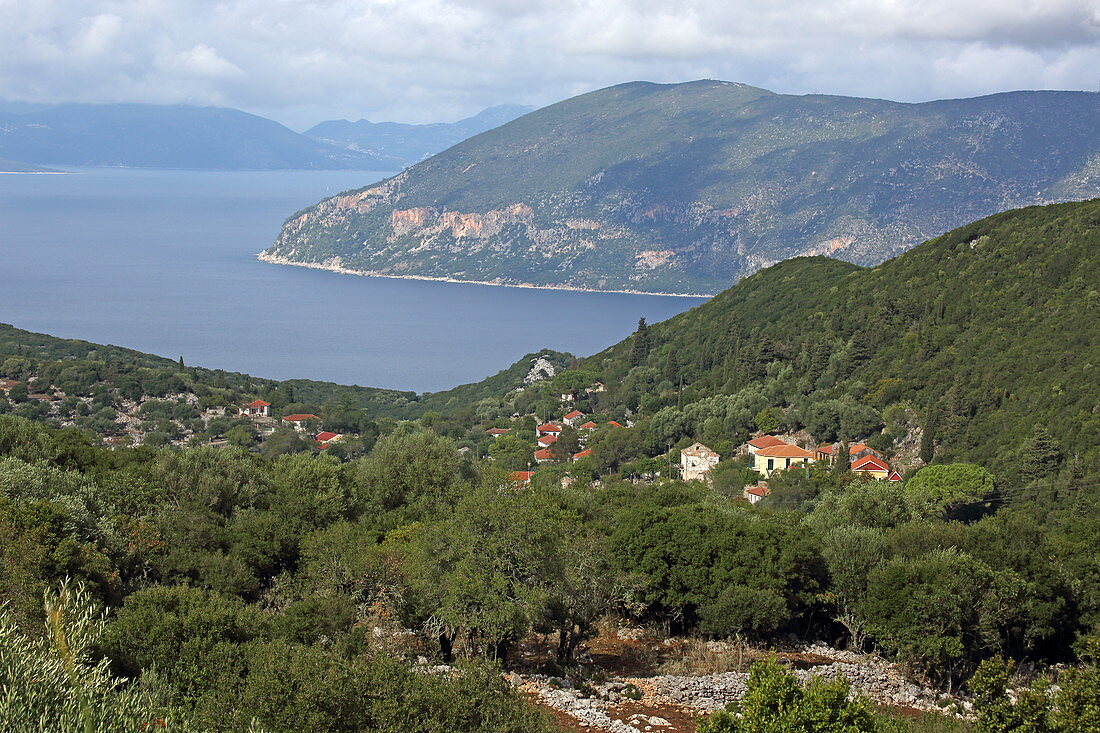 Katsarata with its view over the east coast to the island of Ithaka, island of Kefalonia, Ionian islands, Greece