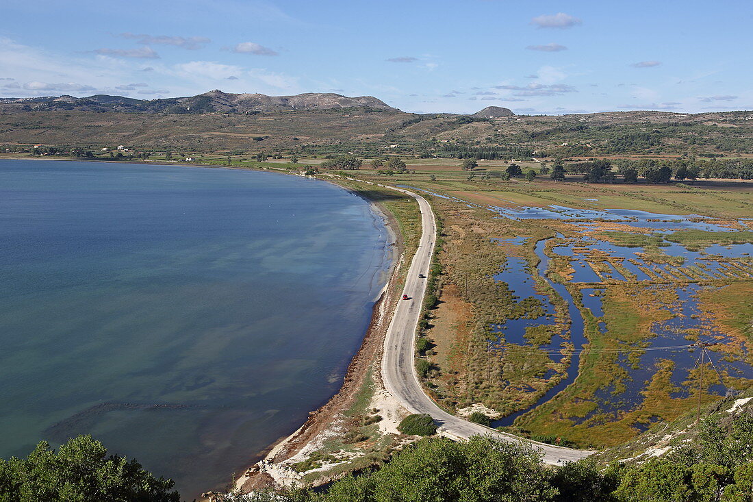 Road through marshland to Paliki Peninsula, Kefalonia Island, Ionian Islands, Greece