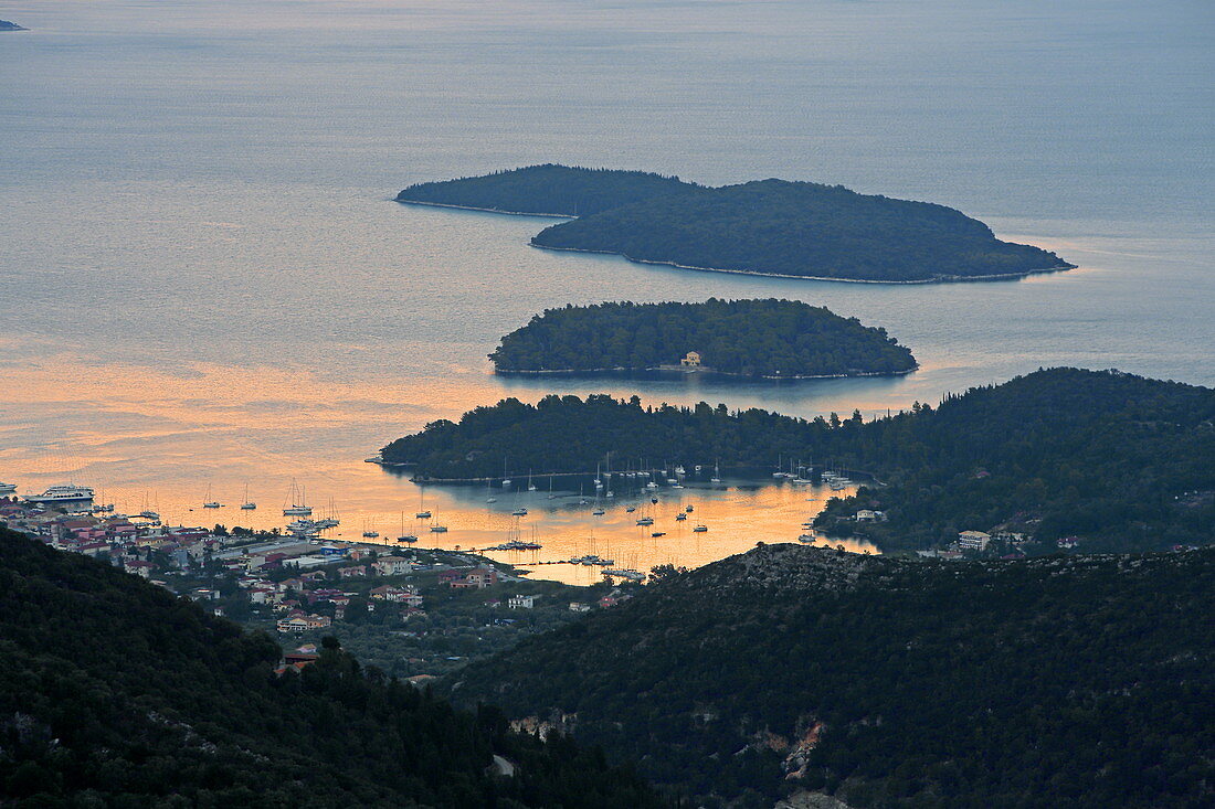 View from Agios Ilias to the small islands of the Tilevoides archipelago east of Lefkada in the Vlicho Bay, Ionian Islands, Greece