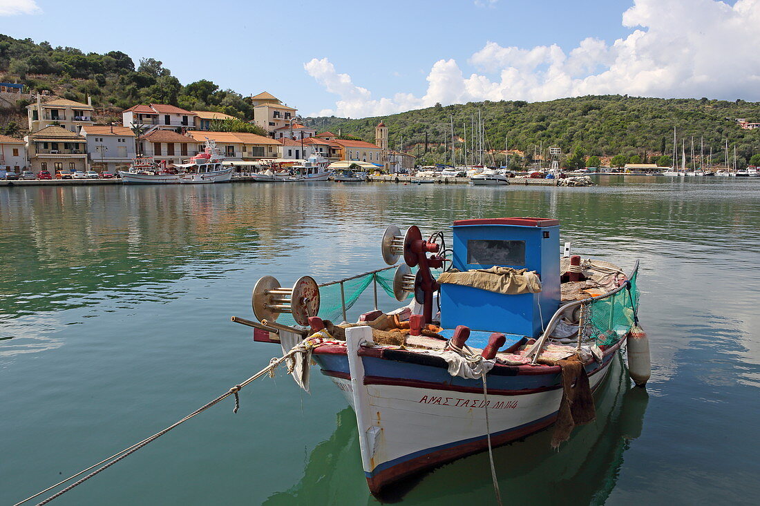 Boat in the port of Vathy, Meganisi, Ionian Islands, Greece, Europe