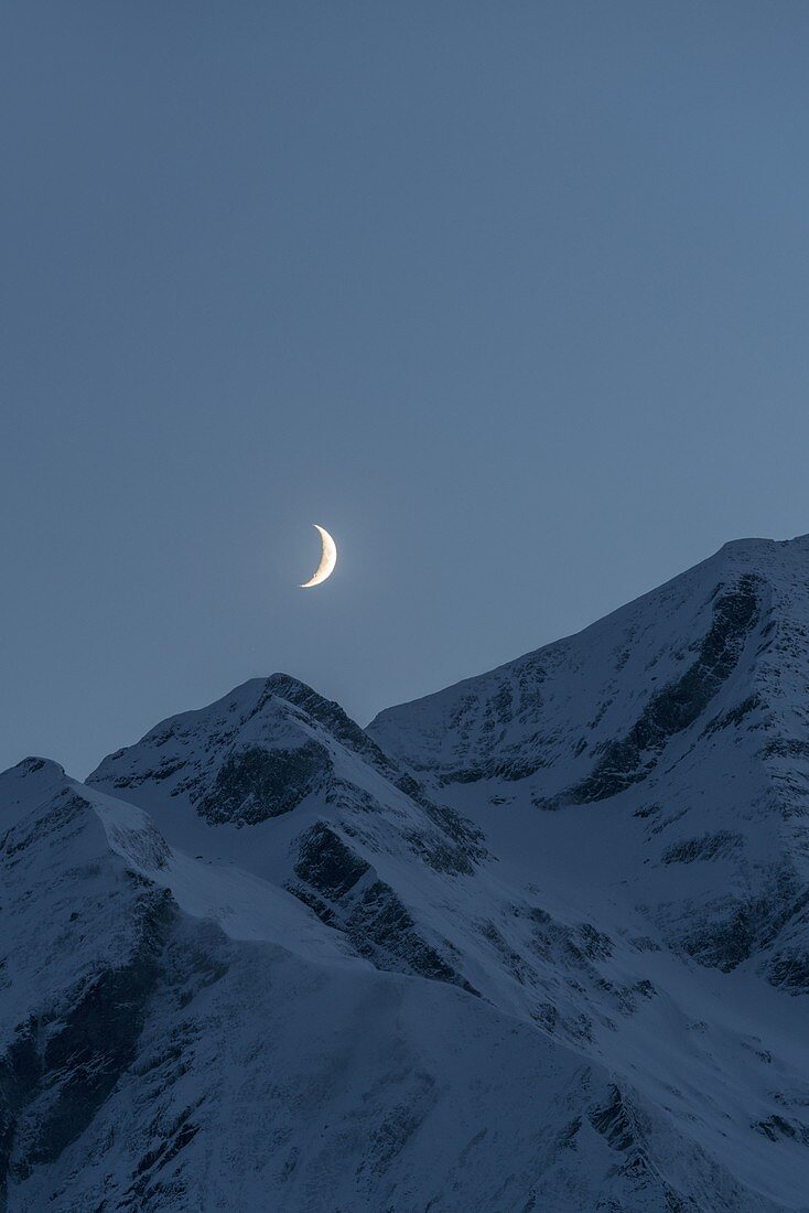 Evening mood with crescent moon, Hohe Tauern, Salzburg, Austria