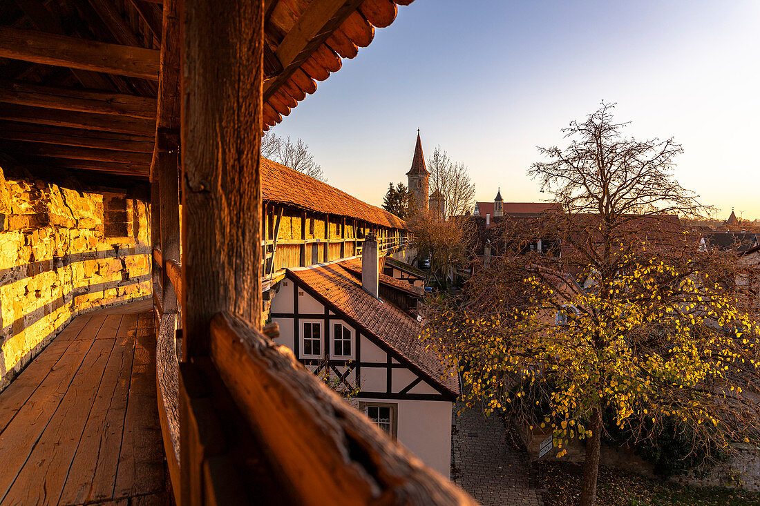 Historic city wall of Rothenburg ob der Tauber in the evening light, Middle Franconia, Bavaria, Germany