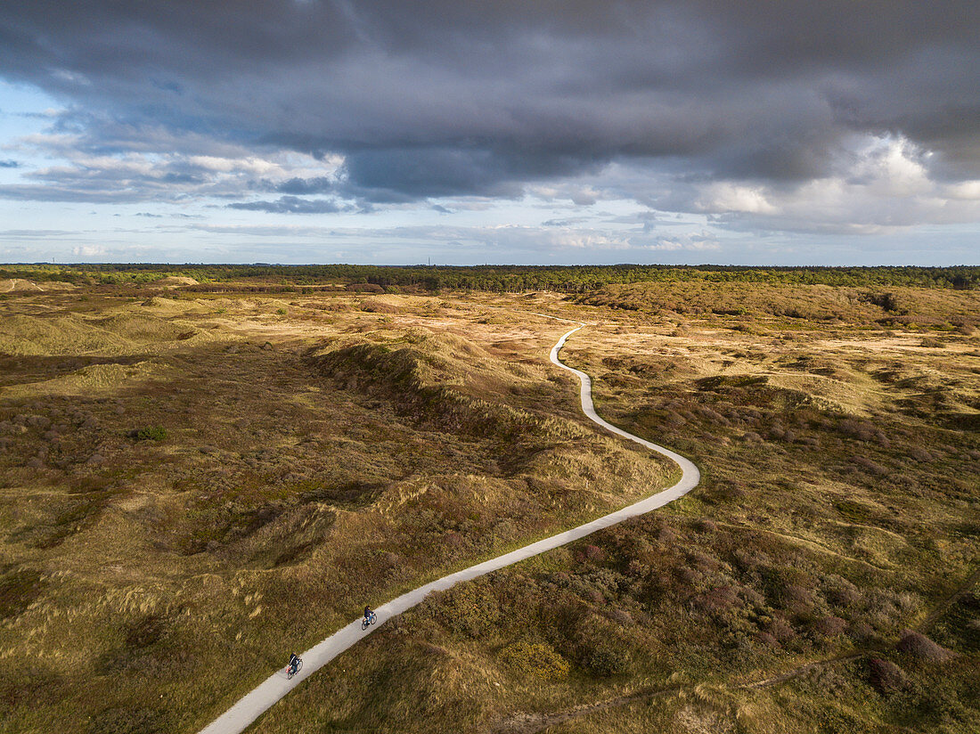 Aerial view of two cyclists on hiking and cycling path through the dunes of Westerduinen, near Den Hoorn, Texel, West Frisian Islands, Friesland, Netherlands, Europe