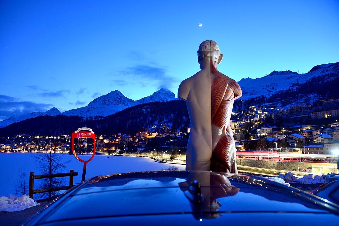 Evening view of St. Moritz Dorf over the lake, Engadin, Graubünden, Switzerland