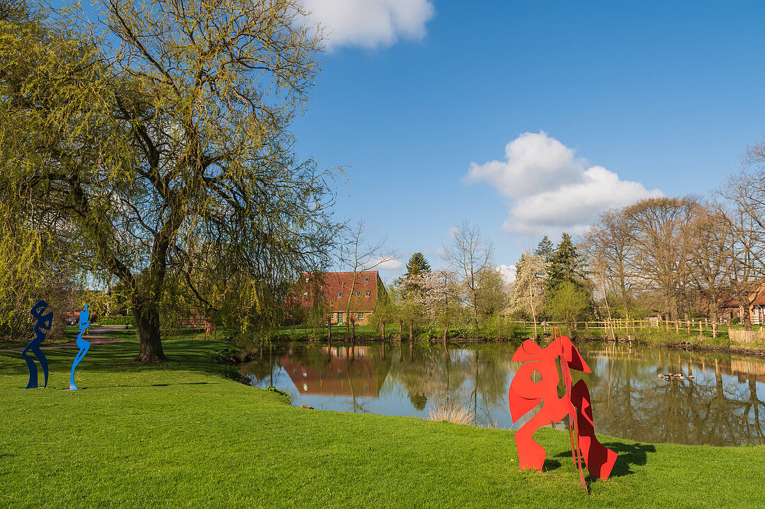 View of the village pond of Basthorst, Duchy of Lauenburg, Schleswig-Holstein, Germany