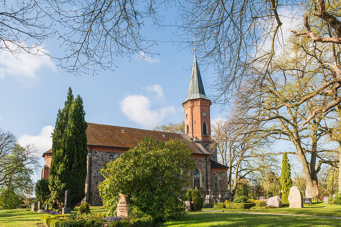View of the St Marien Church from Basthorst, Duchy of Lauenburg, Schleswig-Holstein, Germany