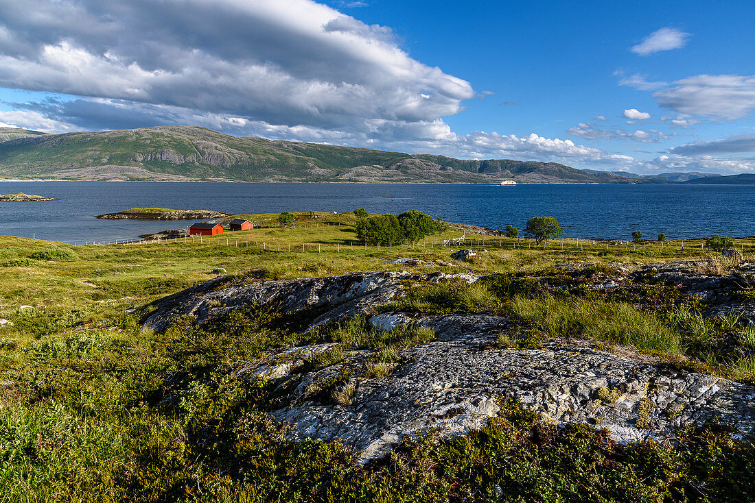 Hurtigruten ship between mainland and Leka island, Norway