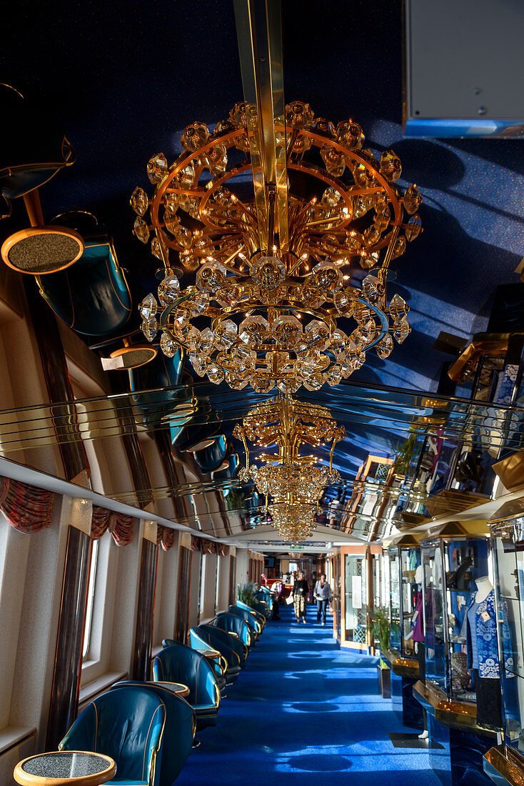 Aisle with chandeliers on the Hurtigruten ship Richard With between Bronnoysund and Rorvik, Norway