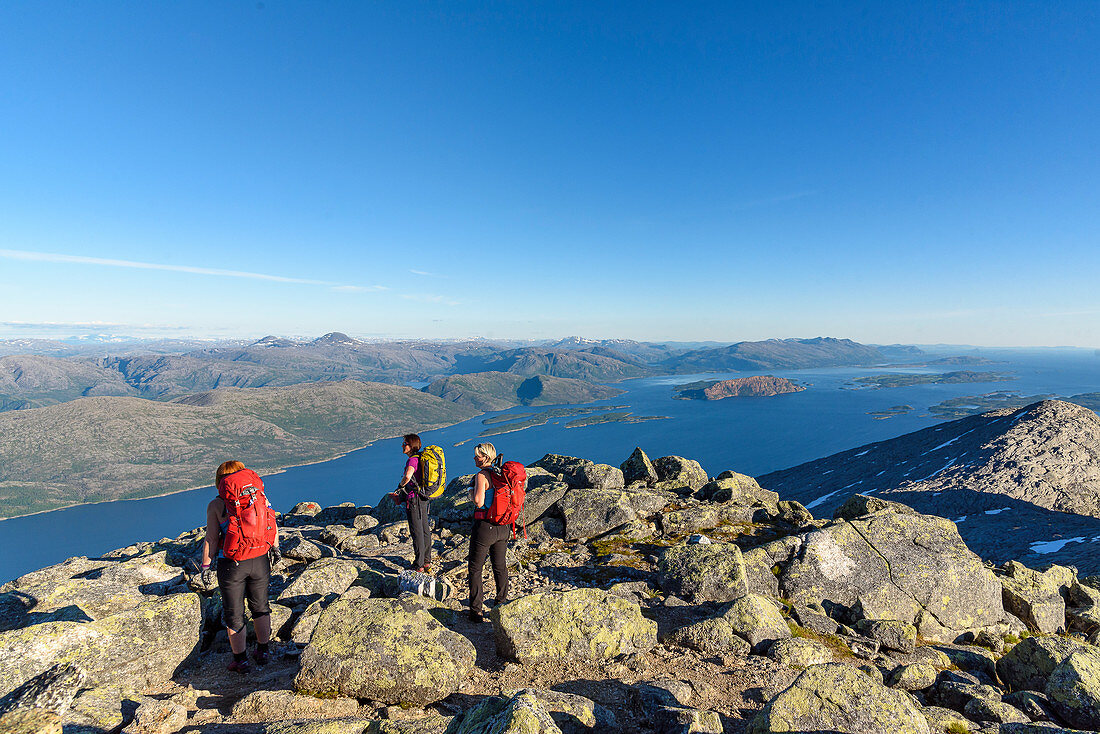 View from the summit of Skjerdingen on the Helgeland coast, hike to the 'The Seven Sisters' seven peaks near Sandnessjöen, Norway