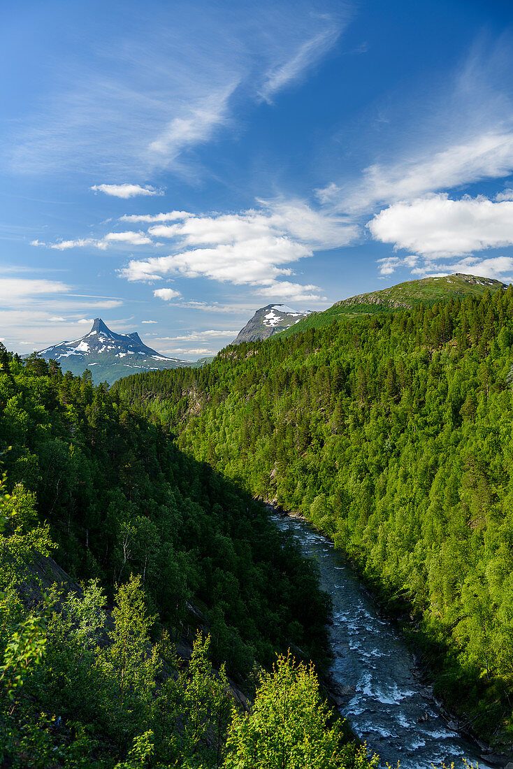 Mountain panoramas and gorges along the Silvervägen (R 77) to Junkerdal, Norway
