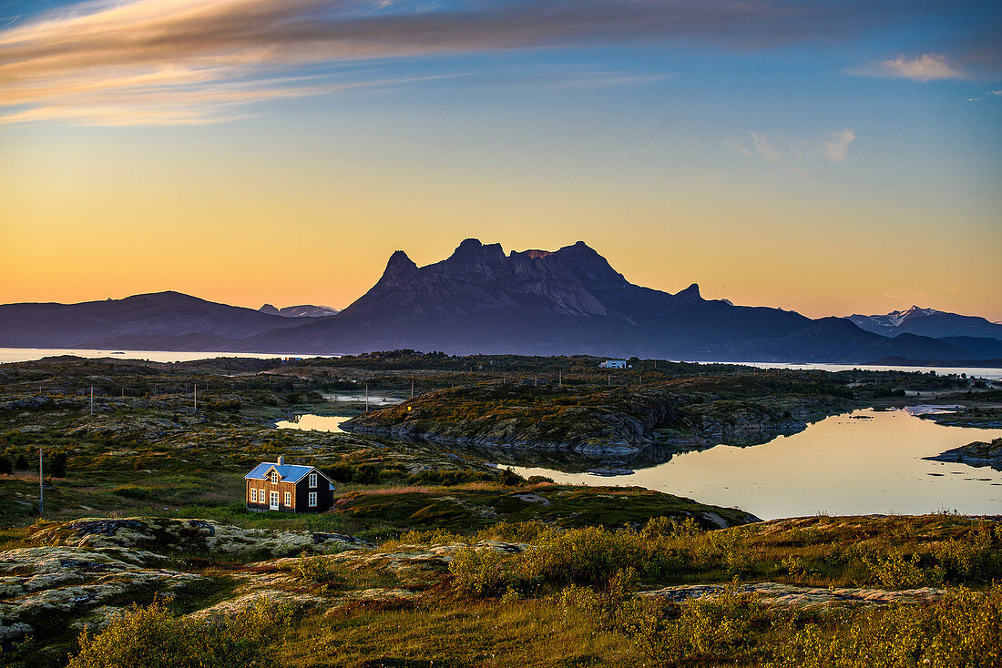 View of the wooden house by Tranøy on Hamarøy, Norway