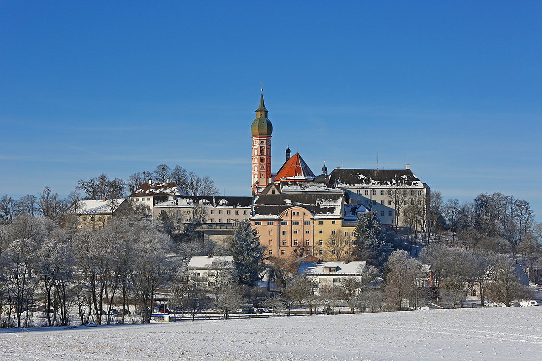 Wintertag in Kloster Andechs, 5-Seen-Land, Oberbayern, Bayern, Deutschland