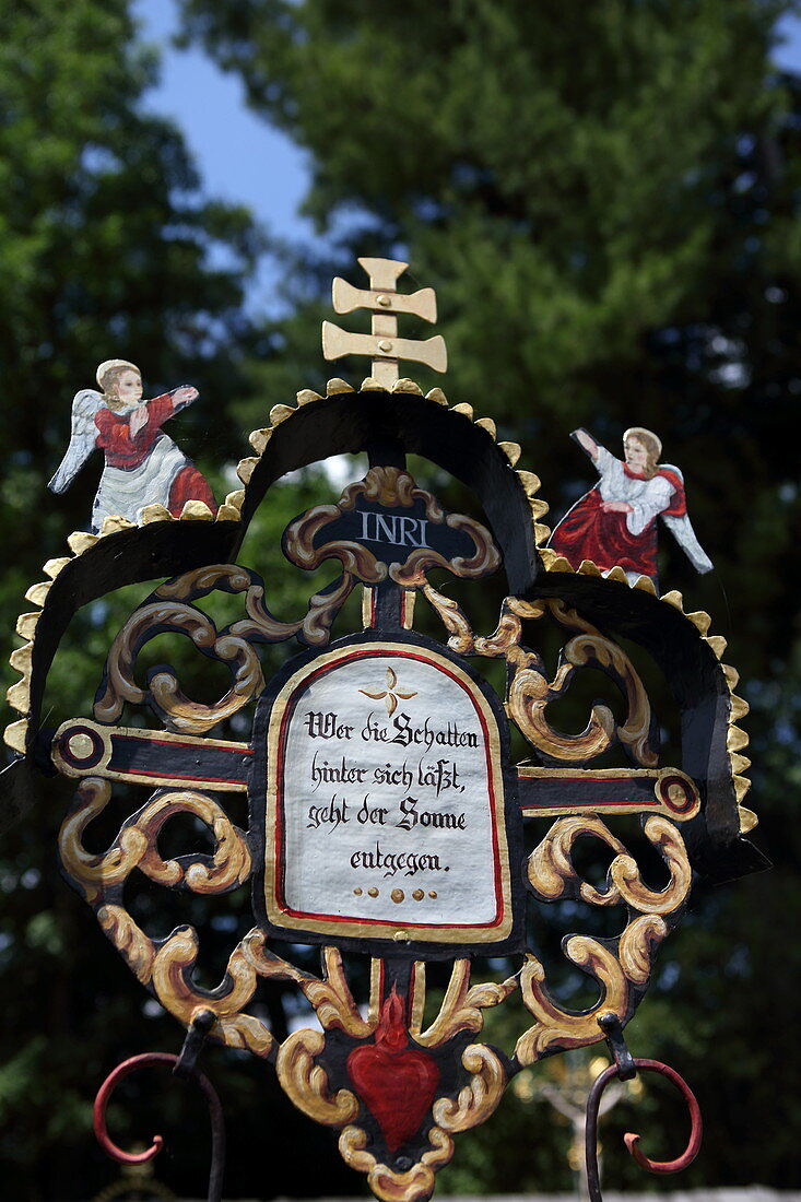 Cemetery cross at the Romanesque Chapel, Gut Keferloh, Haar, Munich, Upper Bavaria, Bavaria, Germany