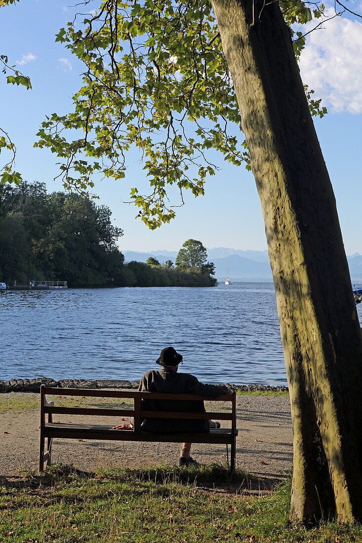 Alter Mann mit Hut blickt auf den Starnberger See, 5-Seen-Land, Oberbayern, Bayern, Deutschland