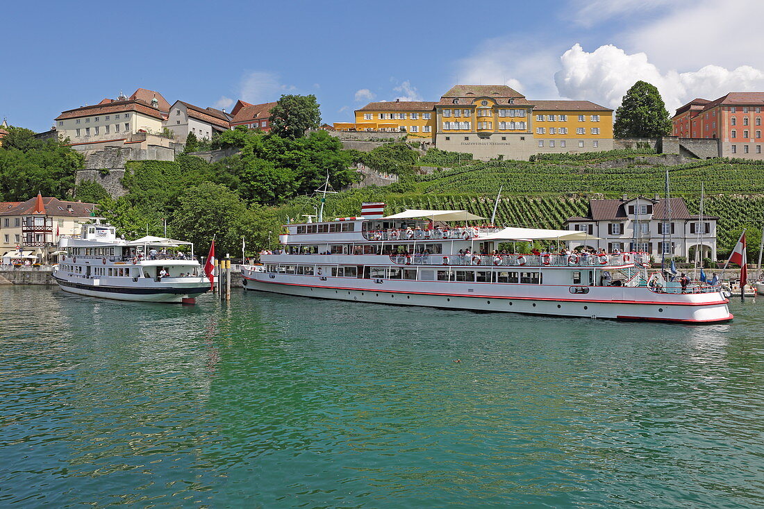 View over the harbor to the Staatsweingut and the Gymnasium Meersburg, Baden-Württemberg, Germany