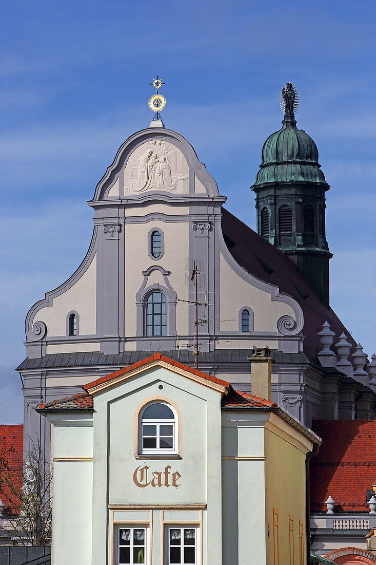 View from Kapellplatz to the Papal Basilica St. Anna, Altoetting, Upper Bavaria, Bavaria, Germany