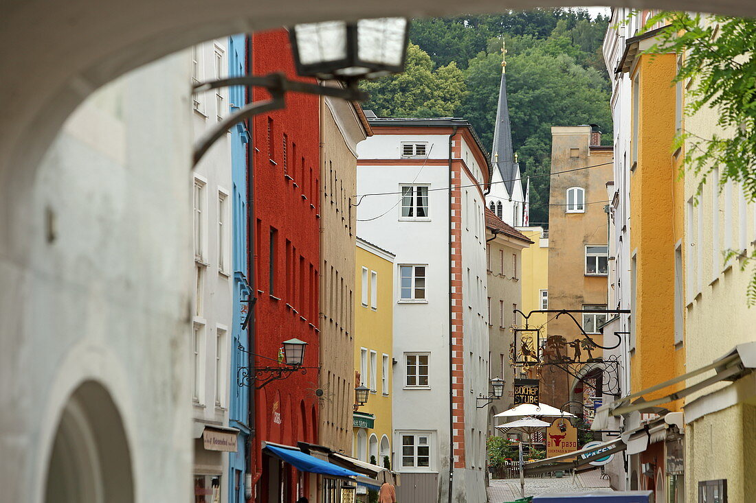 View into Schustergasse from Wasserburg, Innviertel, Upper Bavaria, Bavaria, Germany