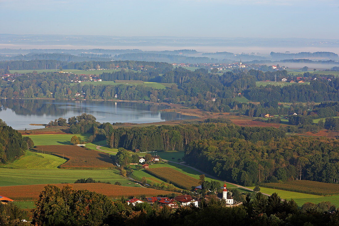 View from the Ratzinger Höhe to the Simsee, Chiemgau, Upper Bavaria, Bavaria, Germany