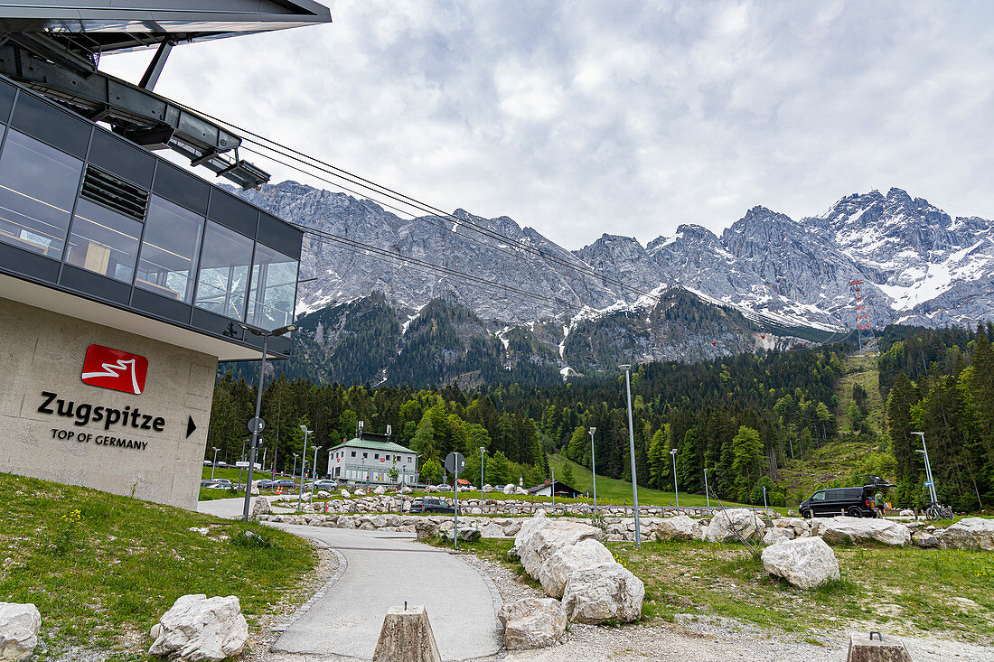 Zugspitze valley station with a view of the summit, Grainau, Upper Bavaria, Germany
