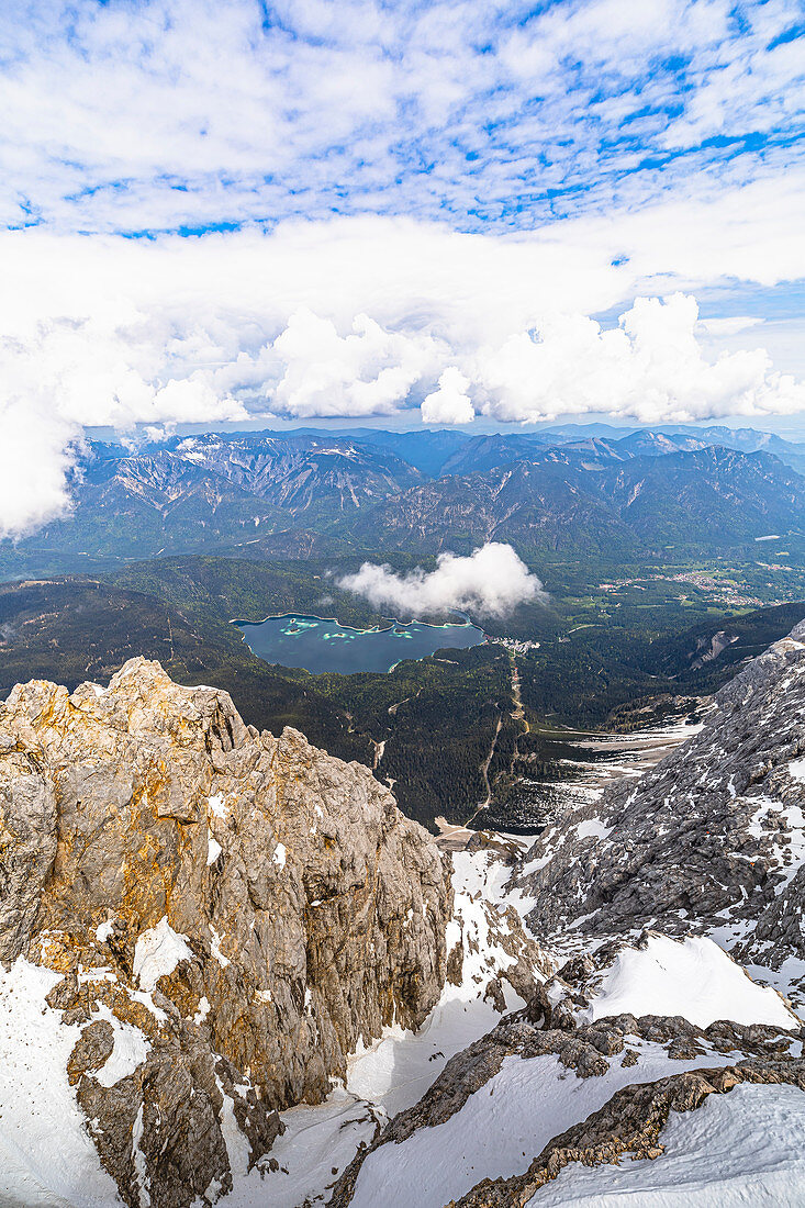 View from Zugspitze summit to the turquoise blue Eibsee, Grainau, Upper Bavaria, Germany