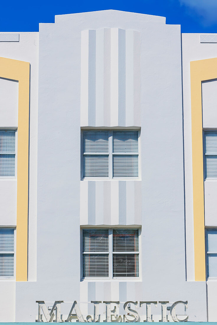 Art deco hotel facade, Ocean drive, South Beach, Miami, Florida, USA