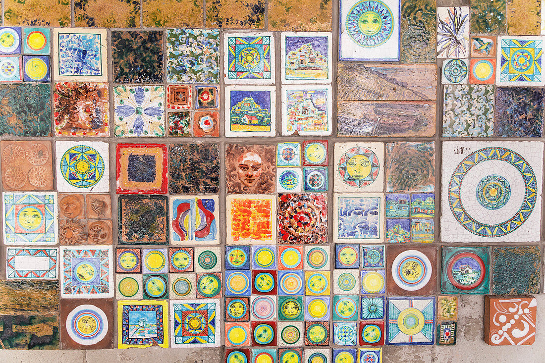 Decorative tiles on wall at the entrance of Riomaggiore, Riomaggiore, Cinque Terre, Liguria, Italy