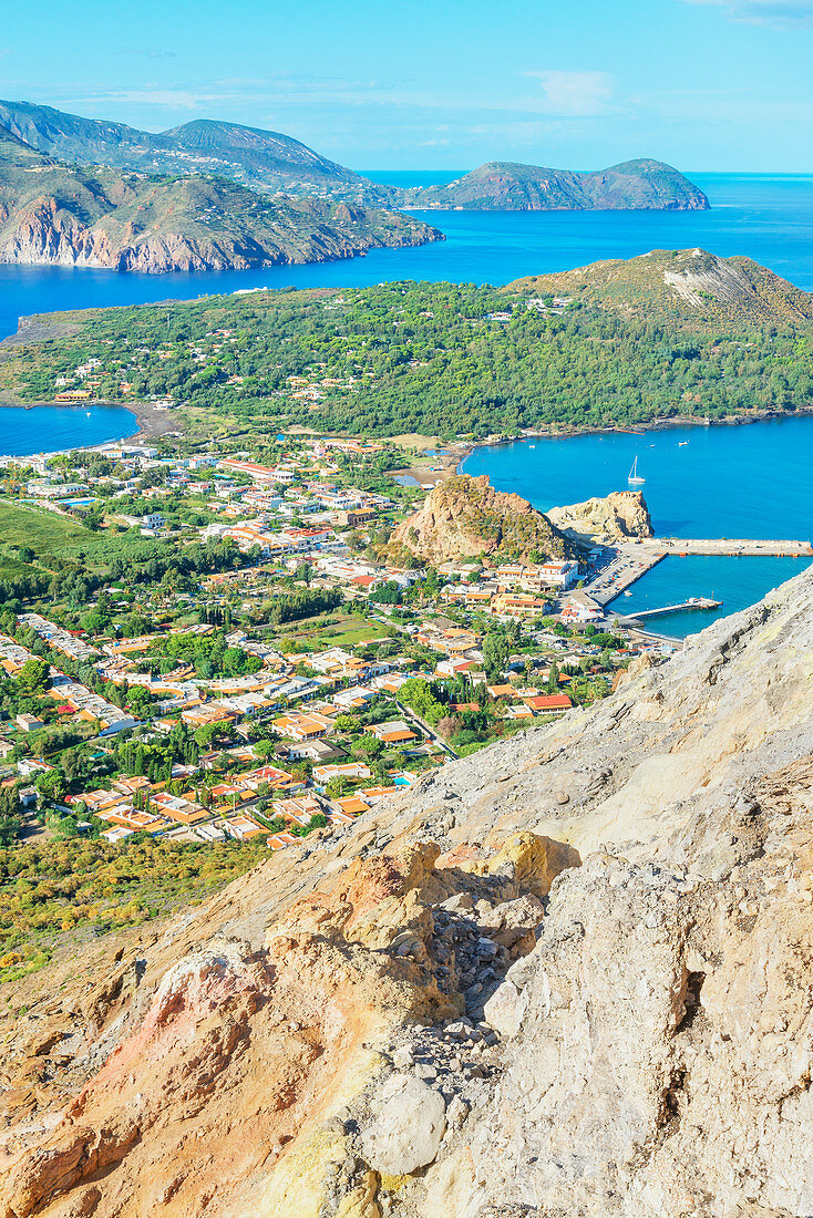 View of Levante harbour and Aeolian Islands archipelago, Vulcano Island, Aeolian Islands, Sicily, Italy, 
