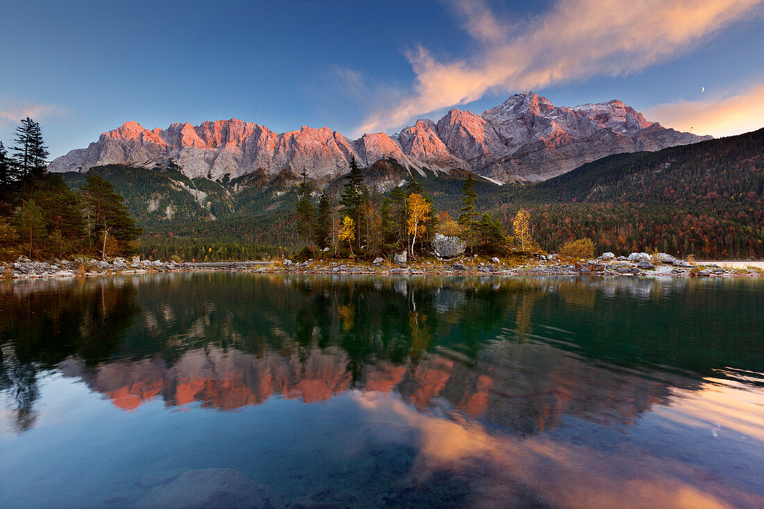 Autumn at the Eibsee, view to the Zugspitze, moon reflected in the water, Werdenfelser Land, Bavaria, Germany