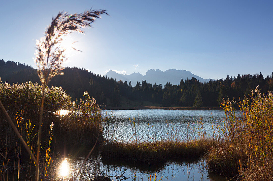 Autumn at Geroldsee, view to Karwendel, Werdenfelser Land, Bavaria, Germany