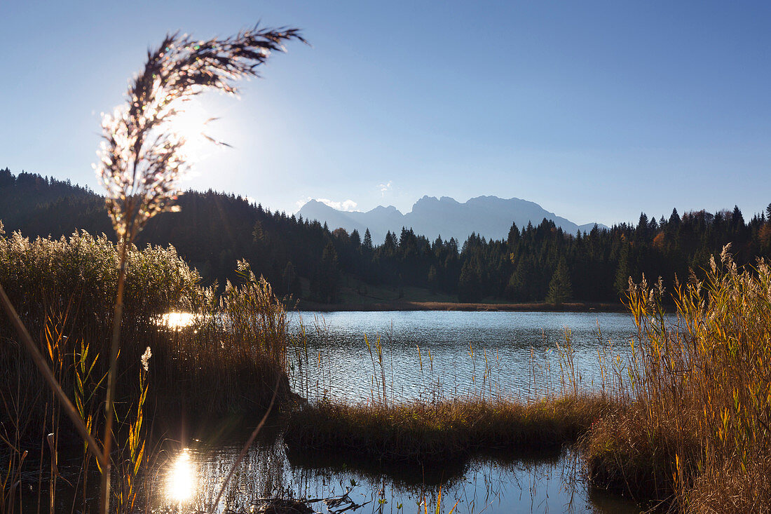 Herbst am Geroldsee, Blick zum Karwendel, Werdenfelser Land, Bayern, Deutschland