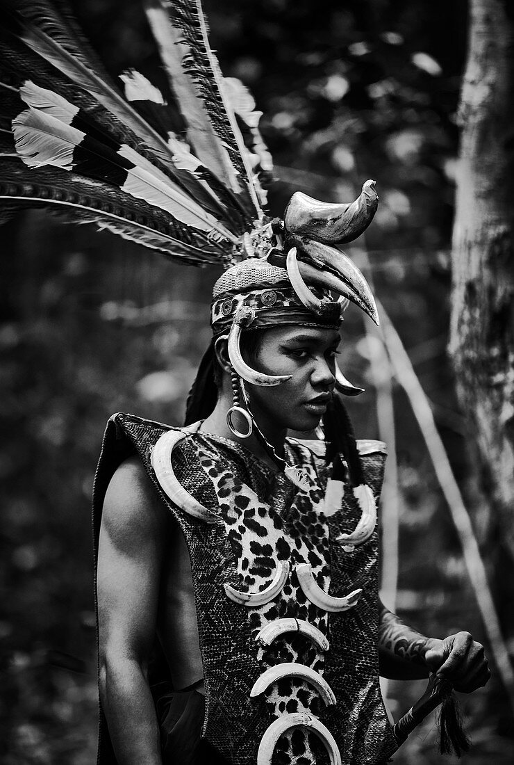 Ein indigener Mann im traditionellen Dayak-Kriegerkostüm, ein Nashornvogel-Kopfschmuck, in Zentral-Kalimantan, Borneo, Indonesien