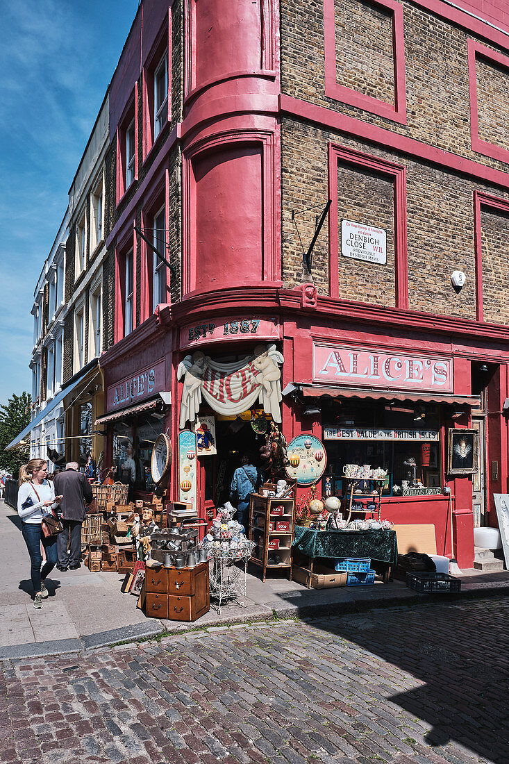 Alice's Antiques, a famous vintage shop on Portobello Road, Notting Hill, London, UK.