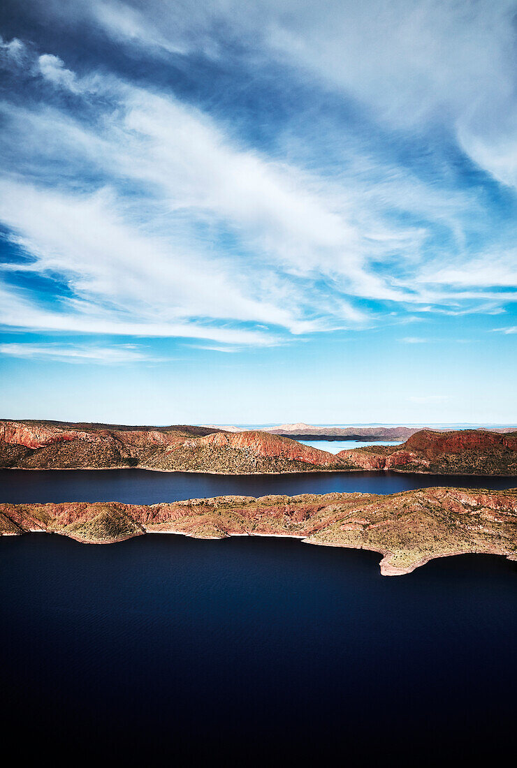 Aerial view of Lake Argyle, one of the largest lakes in the southern hemisphere, at sunset, Lake Argyle, The Kimberley; Western Australia, Australia.