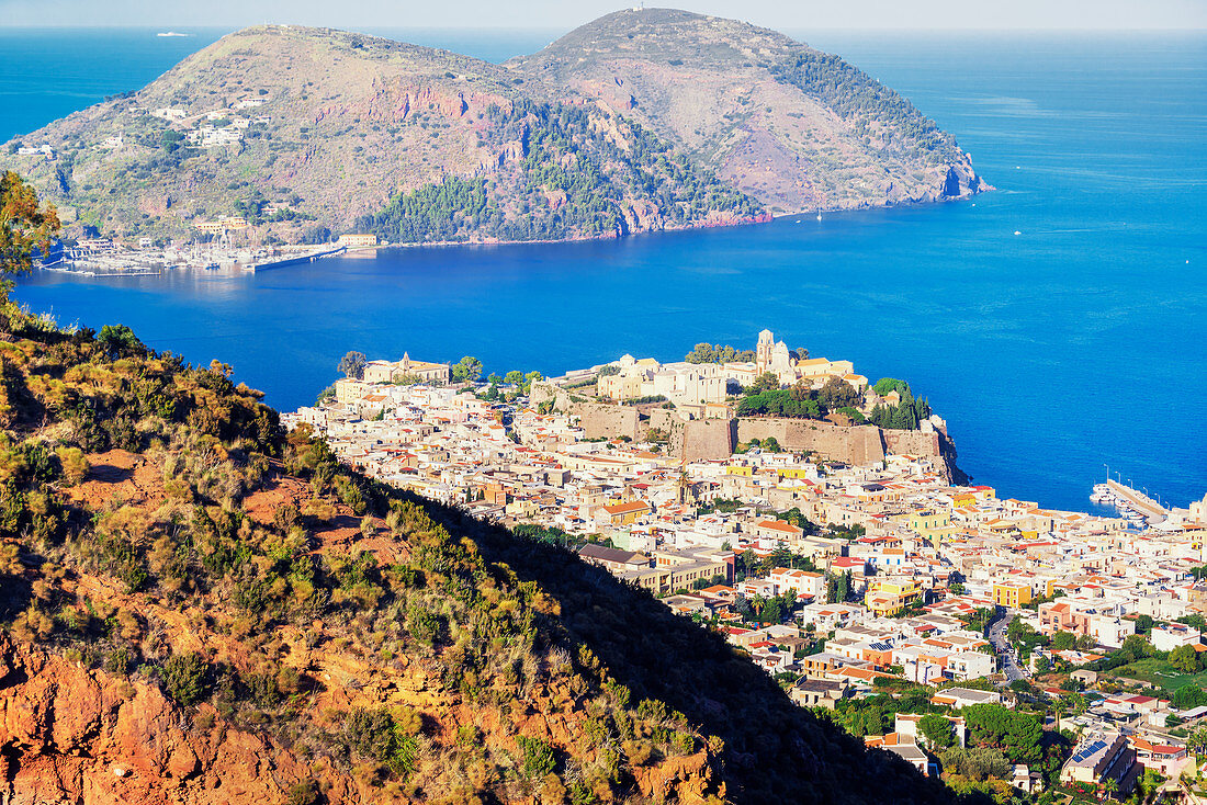 Lipari Town, elevated view, Lipari Island, Aeolian Islands Sicily, Italy