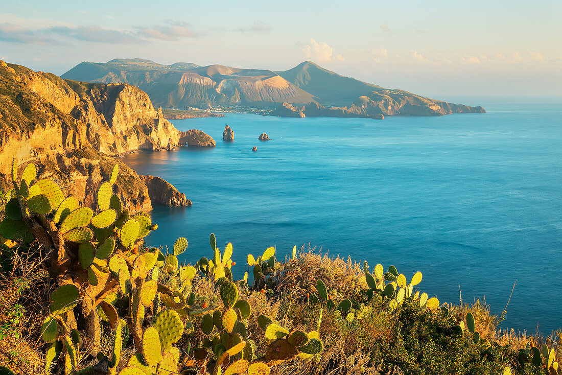 View of Lipari and Vulcano island from Belvedere Quattrocchi, Lipari Island, Aeolian Islands, Sicily, Italy, 