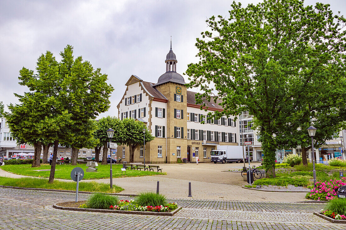 Bürgermeister-Fiedler-Platz and town hall in Essen-Kettwig, North Rhine-Westphalia, Germany