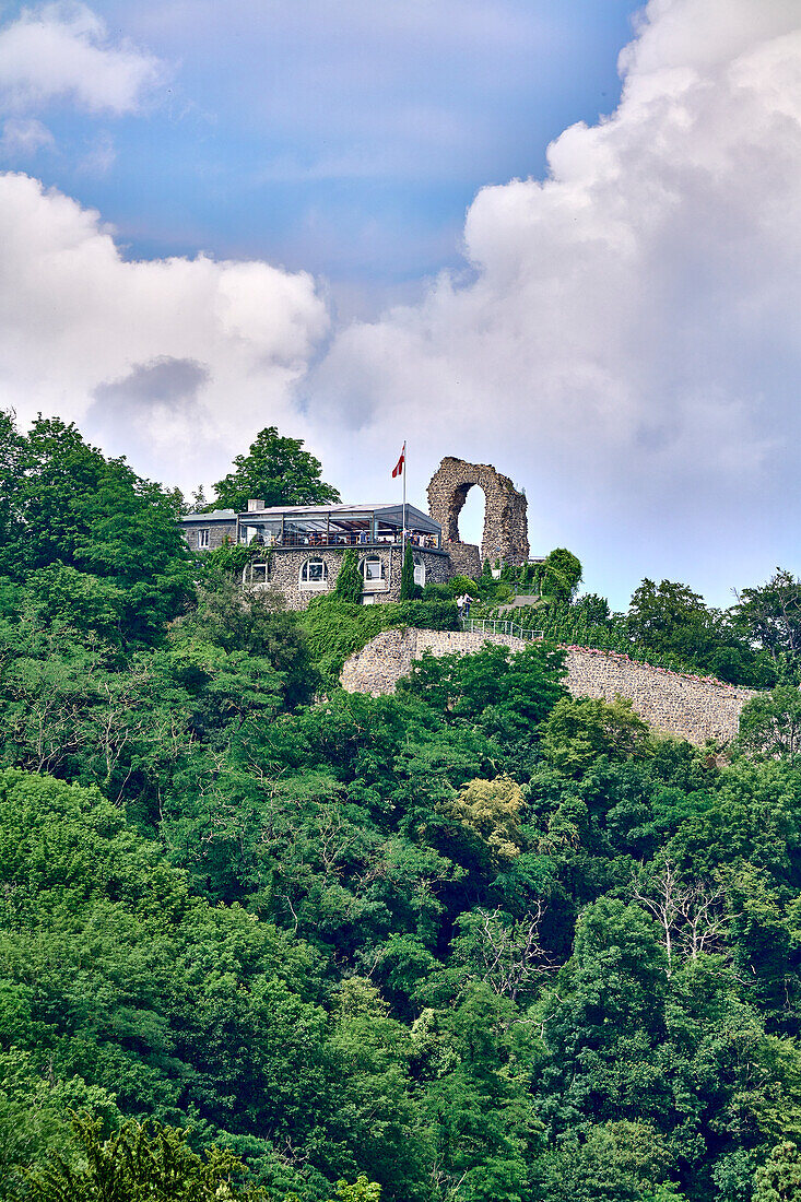 Blick vom Bahnhof Rolandseck auf den Rolandsbogen mit Lokal und Terrasse, Remagen, Rheinland-Pfalz, Deutschland