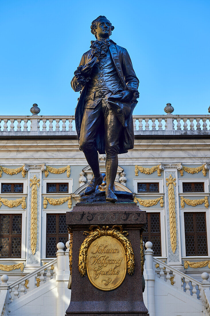 The Goethe Monument on the Naschmarkt in front of the Old Stock Exchange, Leipzig, Saxony, Germany