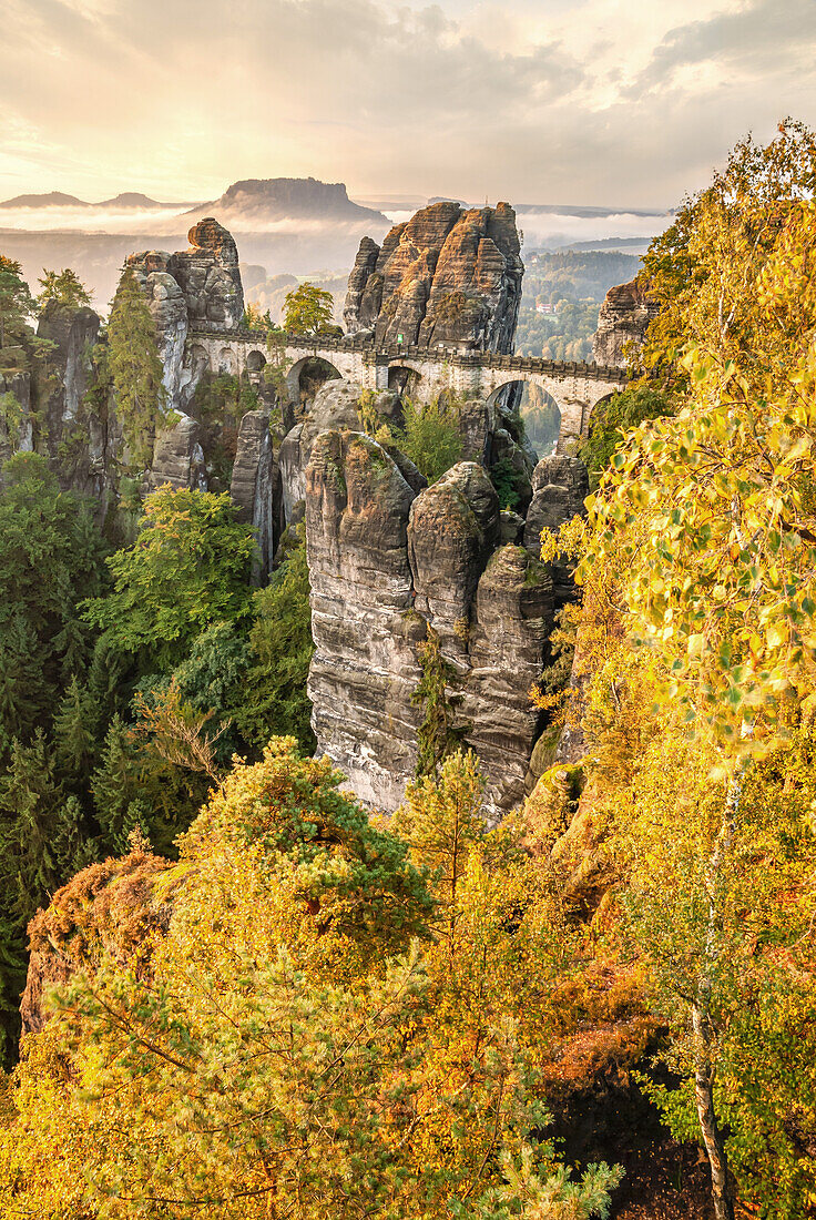 Bastei rock bridge in autumn, Saxon Switzerland, Saxony, Germany