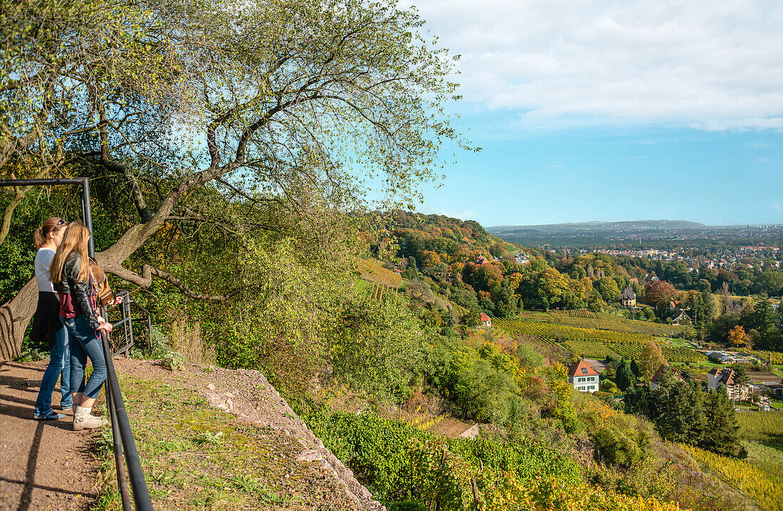 2 Junge Frauen genießen die Aussicht über Weinberge von Radebeul im Herbst, Sachsen, Deutschland