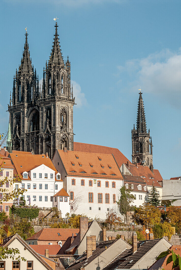 View over the historic old town of Meissen with the Meissen Cathedral in the background; Saxony; Germany