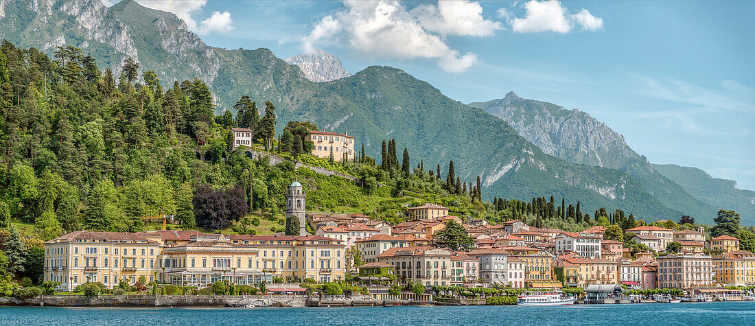 Panorama of Bellagio on Lake Como seen from the lake side, Lombardy, Italy