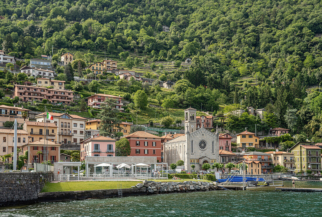 View of Argegno on Lake Como seen from the lake side, Lombardy, Italy