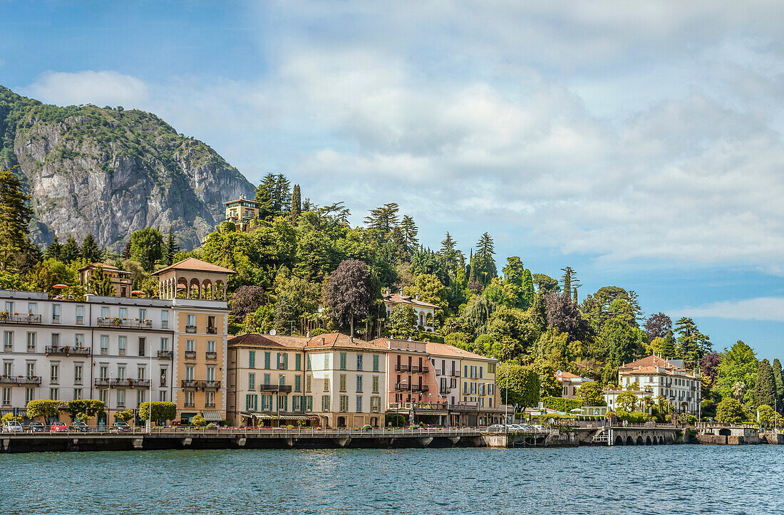 Lake promenade of Cadenabbia on Lake Como seen from the lake side, Lombardy, Italy